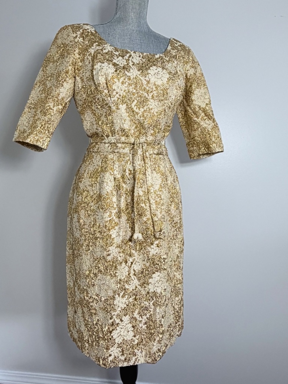 Vintage Gold Brocade Cocktail Dress | Modest Metallic Floral Evening Gown